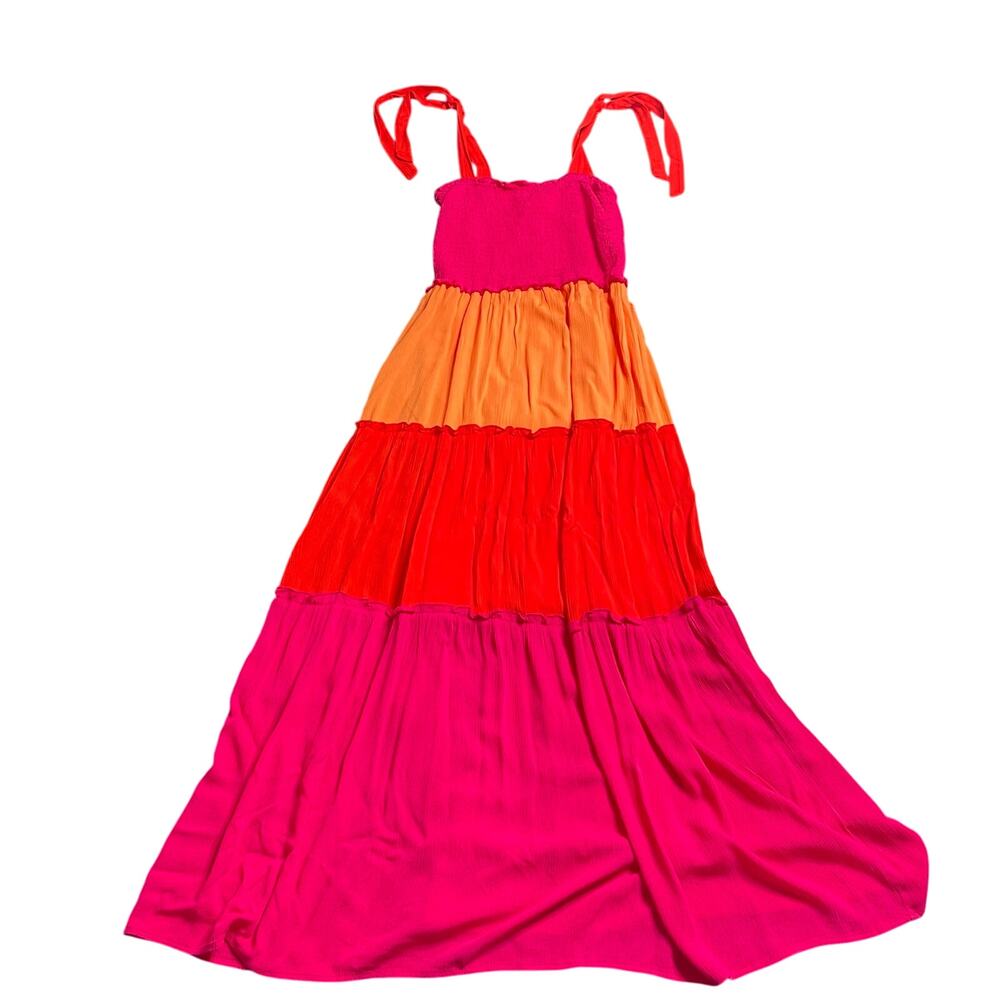 Bebop Tiered Maxi Dress Rainbow Stripe Smocked Bodice Tie Straps Medium‎ Ruffle